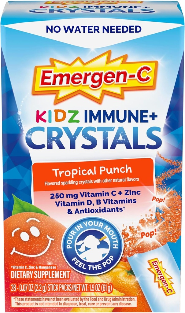 Emergen-C Kidz Immune Plusクリスタル、ビタミンC、ビタミンD、ビタミンB、ビタミンB、亜鉛、マンガン、トロピカルパンチ、学校に戻ってエマージ - 28スティックパック