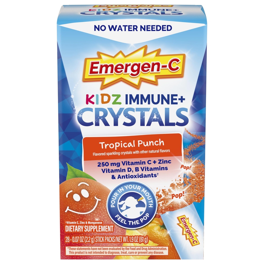 Emergen-C Kidz Immune Plusクリスタル、ビタミンC、ビタミンD、ビタミンB、ビタミンB、亜鉛、マンガン、トロピカルパンチ、学校に戻ってエマージ - 28スティックパック