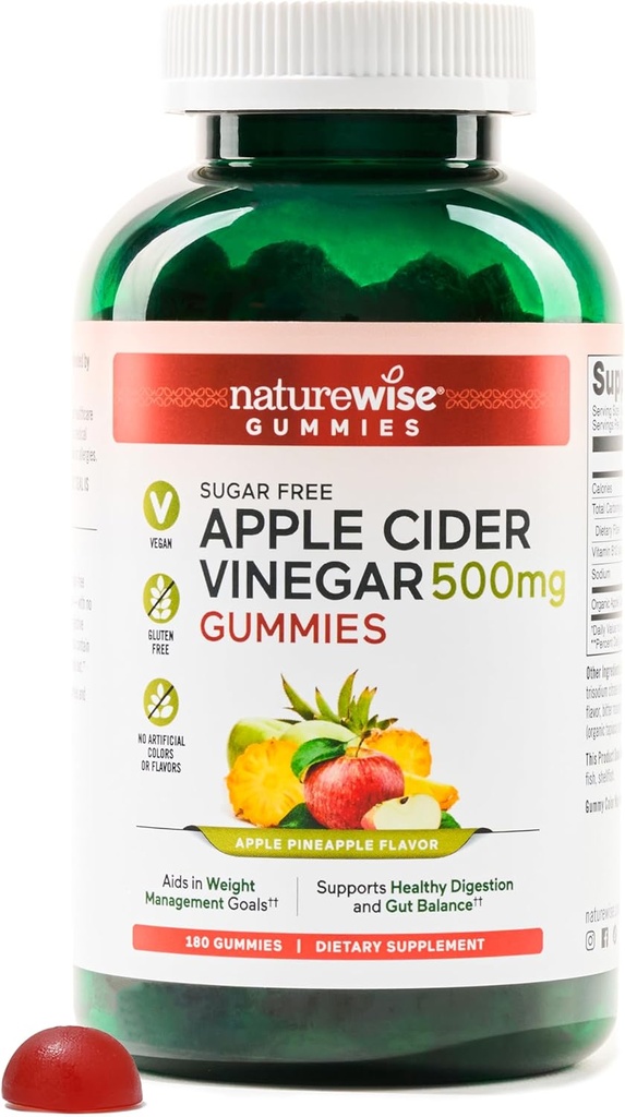 NatureWise Apple Cider Vinegar ACV Gummies - 1000mg ACV / 2、砂糖無料、ビーガン - エネルギー&ガット健康 - ACV Gummies W /ビタミンB12-180グミー[1000mg / 6ヶ月の供給500mg]