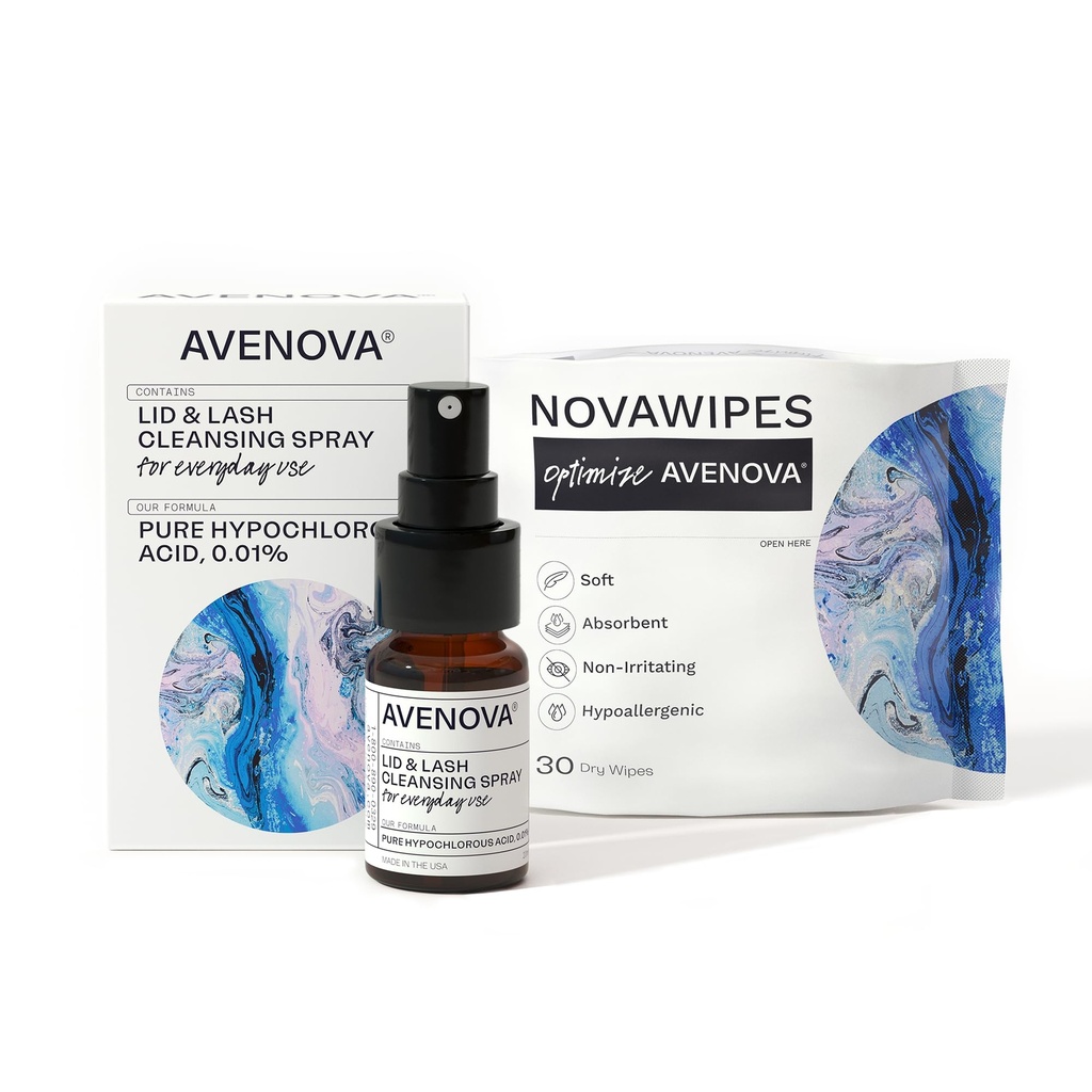 Avenova Daily Clean Duo, 20 ml Spray + 30-Count Eye Wipes | Eyelid and Eyelash Cleanser Spray with Dry Wipes, Gentle Pure Hypochlorous Acid Spray and Eyelid Wipes for Eye Irritation