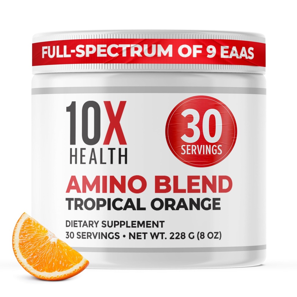 10X の健康のアミノ酸- 30 は EAA 及び BCAA の粉、必須のアミノ酸の補足が付いているプレワークアウト BCAA のサービング- BCAA 及び長寿、筋肉サポート、強さ、エネルギーのための EAAs - 熱帯オレンジ