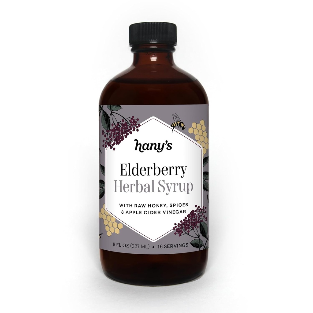 Hany's Harvest Elderberry Herbal Syrup – 8 fl oz | All-Natural Wellness Tonic、Apple Cider Vinegar、生ハニー&Elderberry | 非GMO、グルテンフリー、手作り