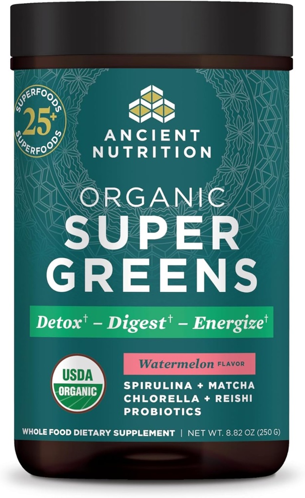 Ancient Nutrition SuperGreens Powder with Probiotics, Organic Watermelon Flavor Greens, Made from Real Fruits, Vegetables and Herbs, for Digestive and Energy Support, 25 Servings, 8.82oz