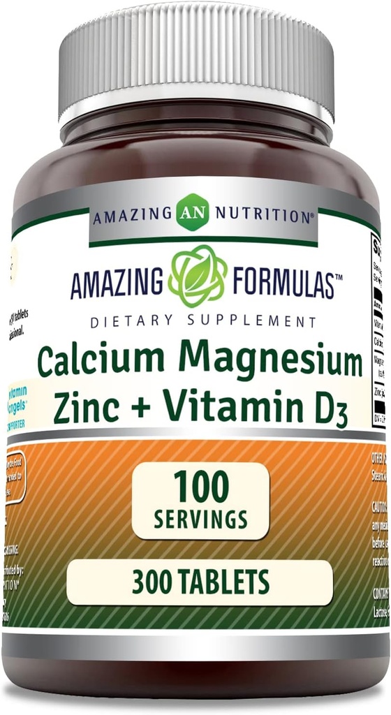 Amazing Formulas Calcium Magnesium Zinc D3 - 300 Tablets Per Bottle Supplement (Calcium 1000mg - Magnesium 400mg - Zinc 25mg Plus Vitamin D3 600 IU - Per Serving of 3 Tablets)