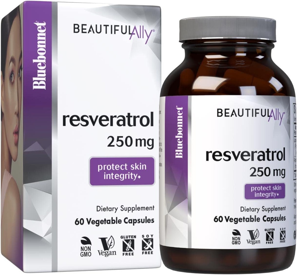 Bluebonnet栄養の美しい味方Resveratrol 250mg、皮膚、酸化防止剤、美容栄養素、ビーガン、ベジタリアン、非GMO、グルテンフリー、大豆フリー、60野菜カプセル、60サービング