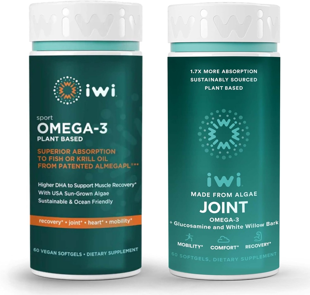 iwi Omega-3スポーツ&ジョイントオメガ-3バンドル、30サービング、ビーガン植物ベースの藻オメガ3、Krill&フィッシュオイル代替、魚介類の後味なし