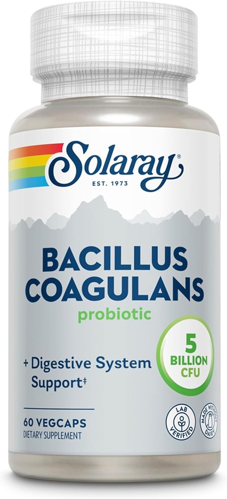 SOLARAY Bacillus Coagulans Probiotic - 5億人のライブ微生物 - 消化と腸の健康サポート - インリンプレバイオティクスファイバー、60日間保証、30 Serv、60 VegCapsのフルボディ健康プロバイオティクス