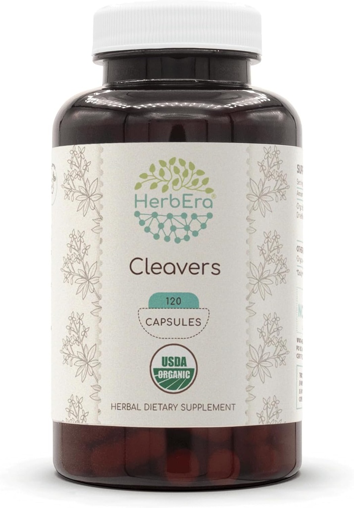 HerbEra Cleavers USDA Organic 120 カプセル | 天然ハーブサプリメント | 認定オーガニック ベジタリアン カプセルとオーガニック クリーバー (ガリウム アパーリン) 乾燥ハーブ (120 カプセル)