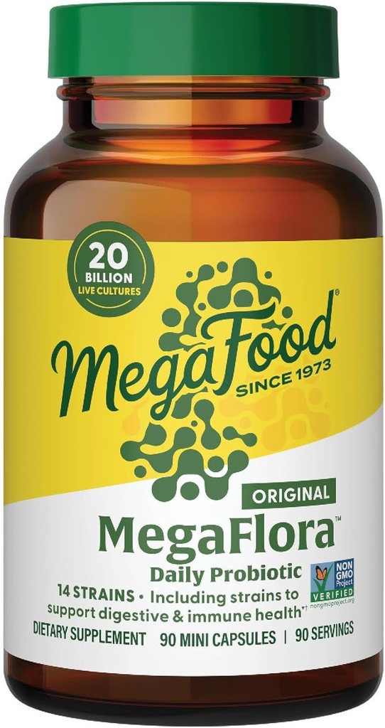 MegaFood MegaFlora Probiotic - 女性消化器の健康のためのプロバイオティクス - 免疫サポートサプリメント - 20 Billion CFU - 14 緊張 - 非GMO - ベジタリアン - 90 ミニカプセル(90 サービング)