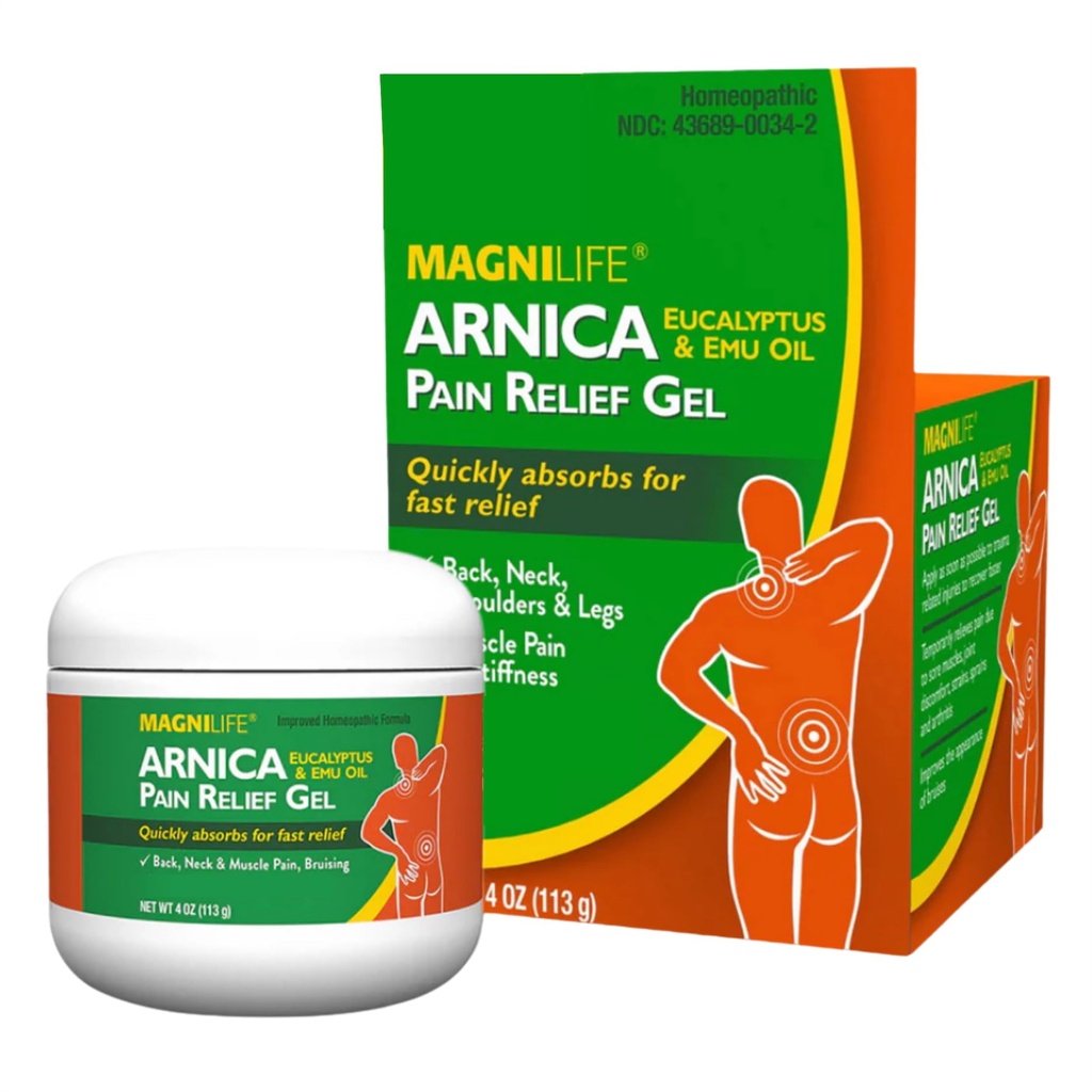 MagniLife Arnicaの痛みの救助のゲル、速い代理の首および背部痛みの救助、EmucalyptusおよびEmuオイルとのSootheの痛み、炎症および不快感- 4oz