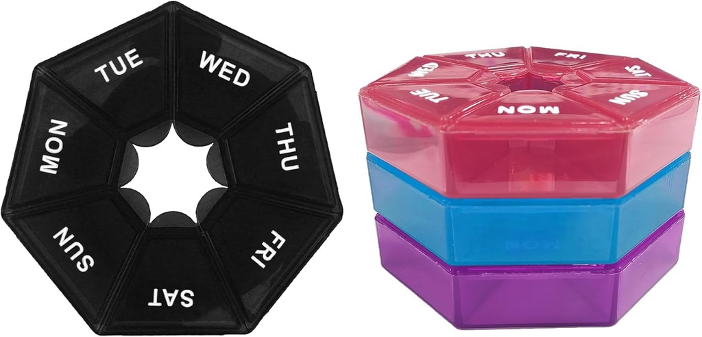 ピルオルガナイザー、4PCSピルボックス、薬ピルオルガナイザー、旅行ピルオルガナイザー、ピルケース、ウィークリーピルオルガナイザー、ピルオルガナイザー旅行、ピルコンテナ、薬の収納ボックス、(ブラック、ブルー、レッド、パープル)