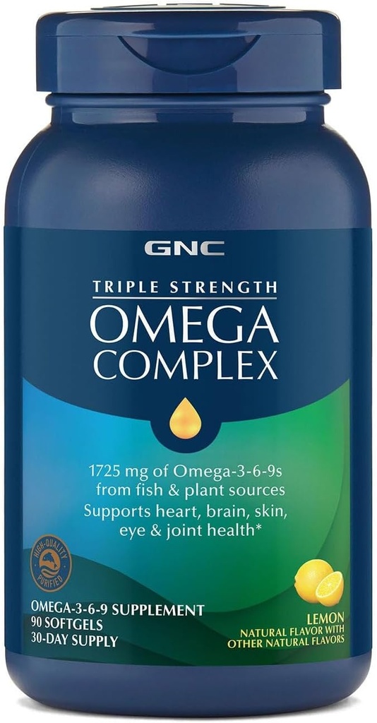 GNCトリプル強度オメガコンプレックスオメガ3、6、9サプリメント、1725mg、レモン風味、サポートハート、脳、皮膚、目と関節の健康、90 Softgels