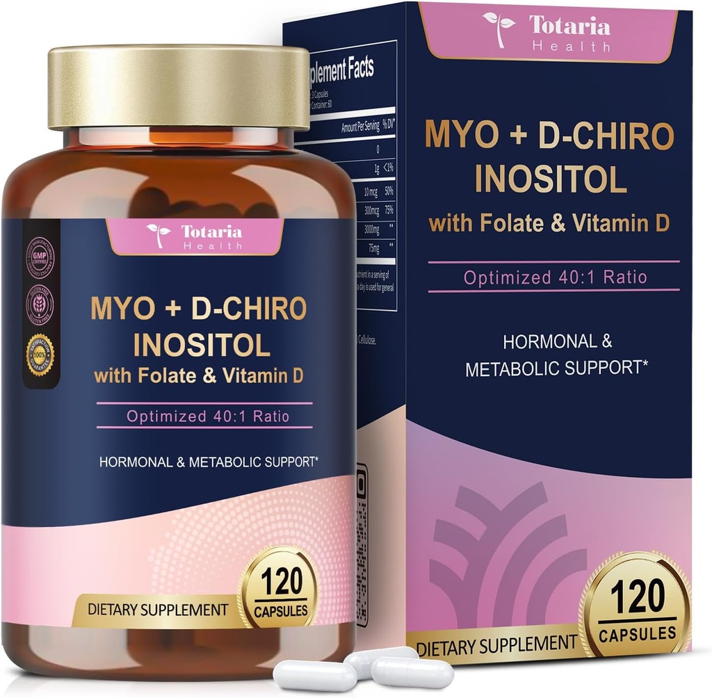 Totaria Myo-Inositol&D-Chiro Inositolサプリメントカプセル3075mg、プラスマルチビタミンD3、 Folate、理想的な40:1比率 - 女性&Ovarian*サポートのためのホルモンバランス | ビーガン、非GMO - 120キャップ