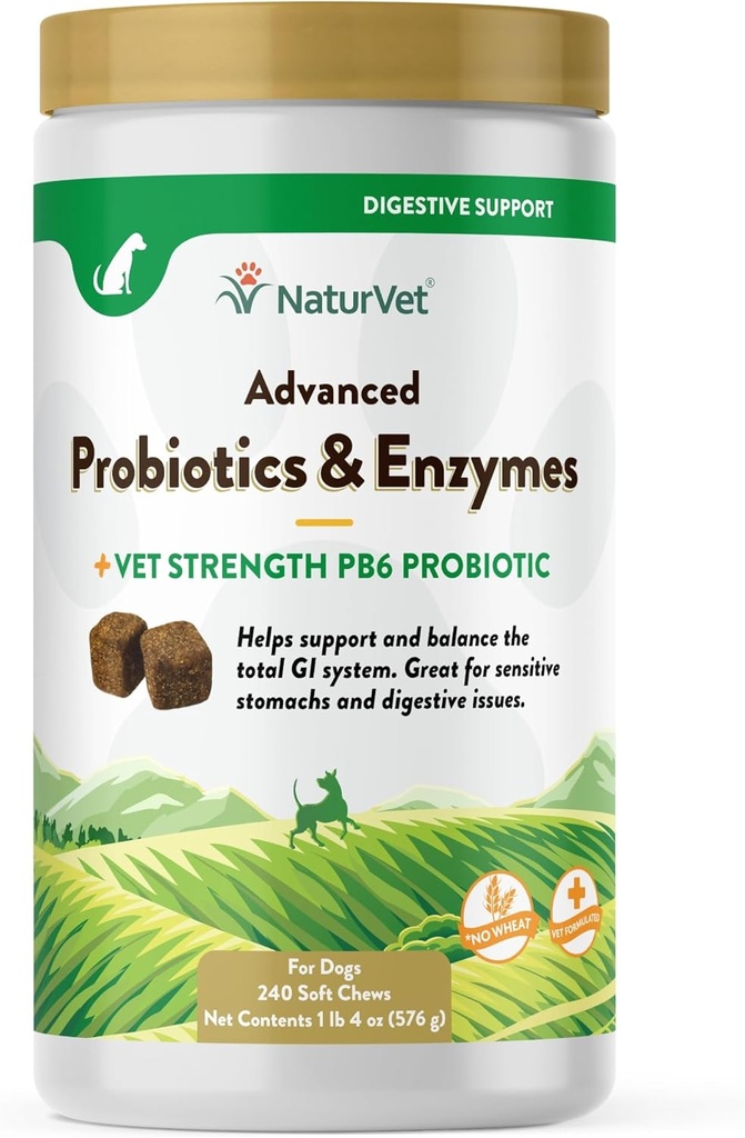 NaturVet の高度のプロバイオティクス及び酵素、PB6 犬の敏感な胃および消化器の問題、6 週上の犬のためのヒッコリーのスモークのベーコンの味付けされたペット補足、240 の計算の瓶を助ける柔らかい咀嚼