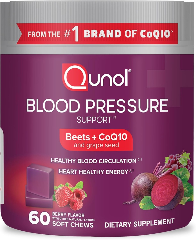Qunol Beets Chews for Blood Pressure Support, 3 in 1 Beets + CoQ10 + Grape Seed Extract, Supports Healthy Blood Circulation & Heart Healthy Energy, 60 Chews
