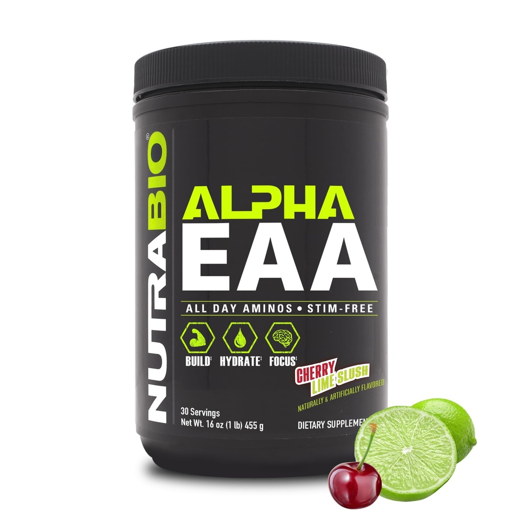 NutraBio アルファ EAA - 筋肉成長と水和のためのオールデイ アミノ 酸 - ノトropics とアダプトゲンによるエッセンシャル アミノ 酸 - フルスペクトラム EAA BCAA パウダー - 30 サービング - チェリー ライム スラッシュ