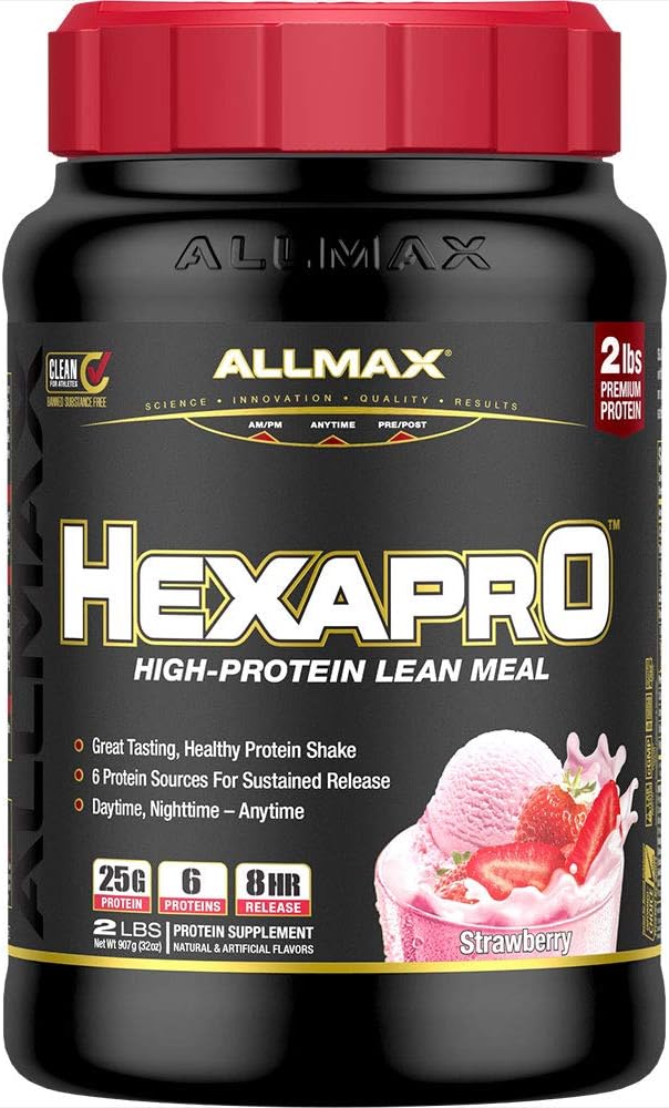 AllMAX HEXAPRO、いちご - 2 lb - 25 グラムのたんぱくパーサービング - 8 時間 Sustained リリース - ゼロ砂糖 - 21 仕入