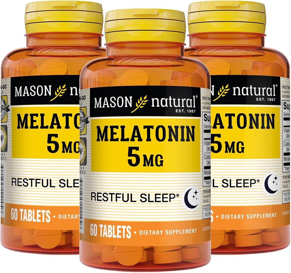 MASON NATURAL メラトニン5mgとB6とカルシウム - ナチュラルスリープエイド、ヘルシーな睡眠と休息をサポート、60錠(3パック)