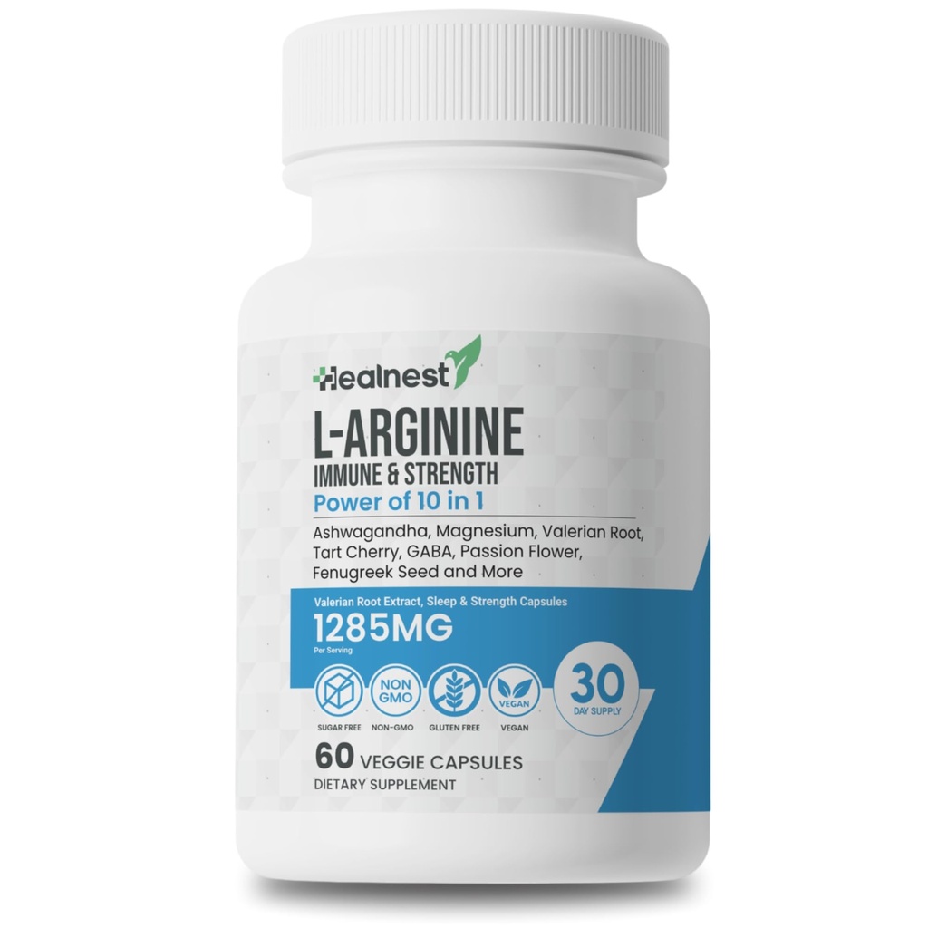 L-アルギニンカプセル - 1285MG アシュワガンダ、L-テアニン、マグネシウム、GABA、亜鉛&タルトチェリーのブレンド - 筋肉の回復、ストレス救済、気分のサポート - 非GMO、男性と女性のための60ベジギーカプセル