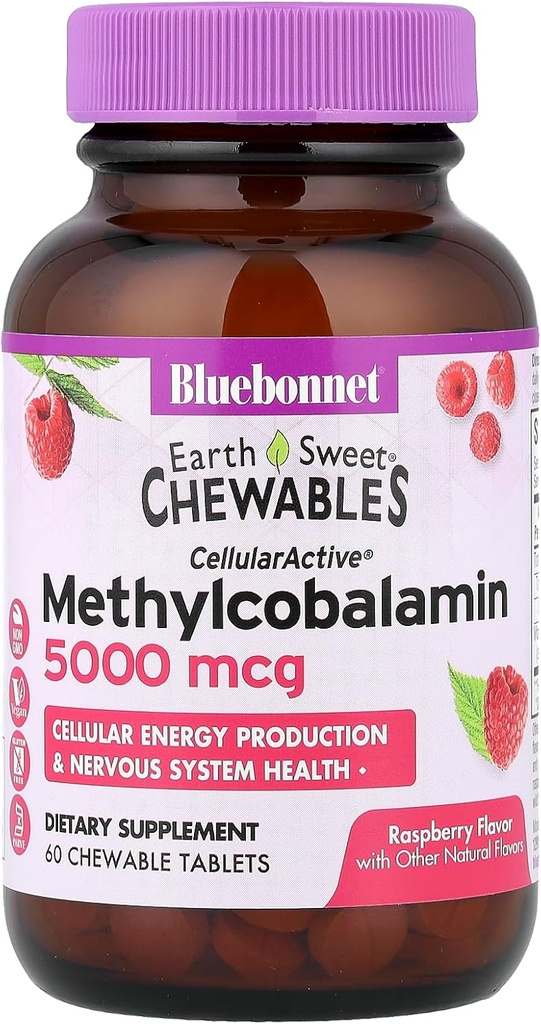 BlueBonnet Nutrition Earth Sweet® Chewables、CellularActive® Methylcobalamin、Raspberry、5,000 mcg、60 Chewableタブレット