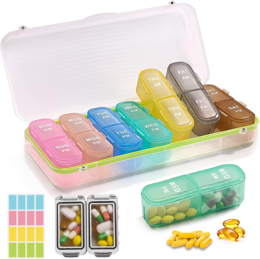 Weekly Pill Organizer 2 Times a Day + 2 Detachable Pill Organizers kit - AM PM Travel Pill Organizer for Vitamin Medicine Supplement Fish Oil, White Daily Pill Case 2 Times a Day