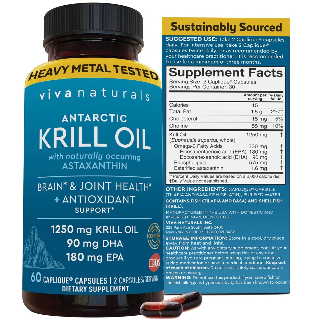 Viva NaturalsのAntarcticのKrillオイルオメガ3は1250のmg - DHA EPA Omega-3及び接合箇所の健康のためのAstaxanthinの集中、魚のBult - 60のKrillオイルのカプセルを補います