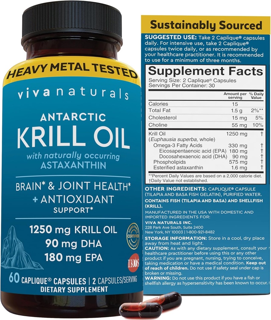 Viva NaturalsのAntarcticのKrillオイルオメガ3は1250のmg - DHA EPA Omega-3及び接合箇所の健康のためのAstaxanthinの集中、魚のBult - 60のKrillオイルのカプセルを補います
