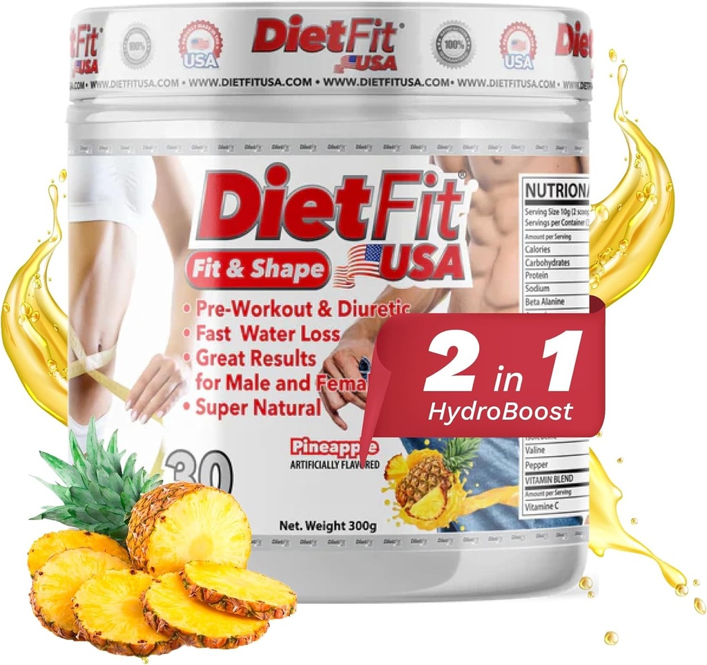 DIETFIT | プレワークアウトとダイアティック 300 グラム | ハイドロブースト 2-in-1 | プレワークアウト&ダイアティック | 強度エネルギー | パイナップル風味 | 30 食 | フィットネスサプリメント