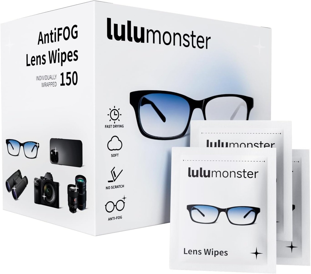 眼鏡用アンチフォグレンズワイプ Lulumonster, [150 個別にラップワイプ] [非スクラッチ&非固定] メガネ用クリーナーワイプ, サングラス, 電話画面カメラレンズ, ゴーグル