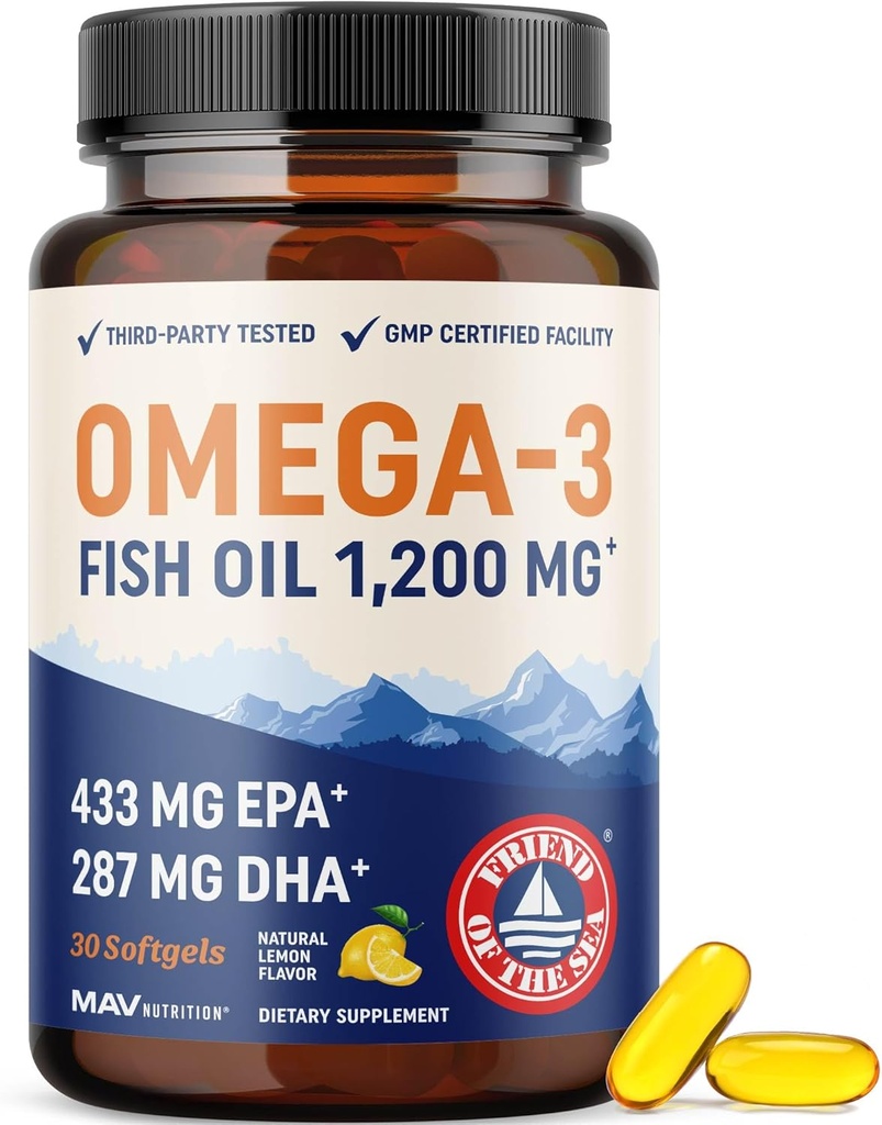 トリプル強度オメガ3フィッシュオイル1200mg | EPA&DHA | ワイルドキャッチ、持続的に供給オメガ3脂肪酸 | プレミアムバープレスフィッシュオイルサプリメント | 非GMO、サードパーティ製テスト済み | 30 Softgels