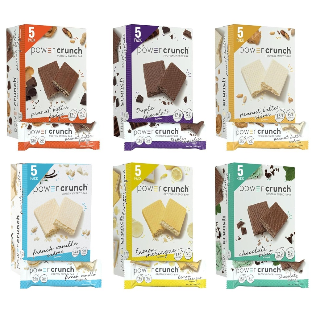パワー クランチ プロテイン ウェーハ バー、バラエティ パック、6 味 1.4 オーアンス バー (30 カウント)。 おいしい味の高たんぱくスナック