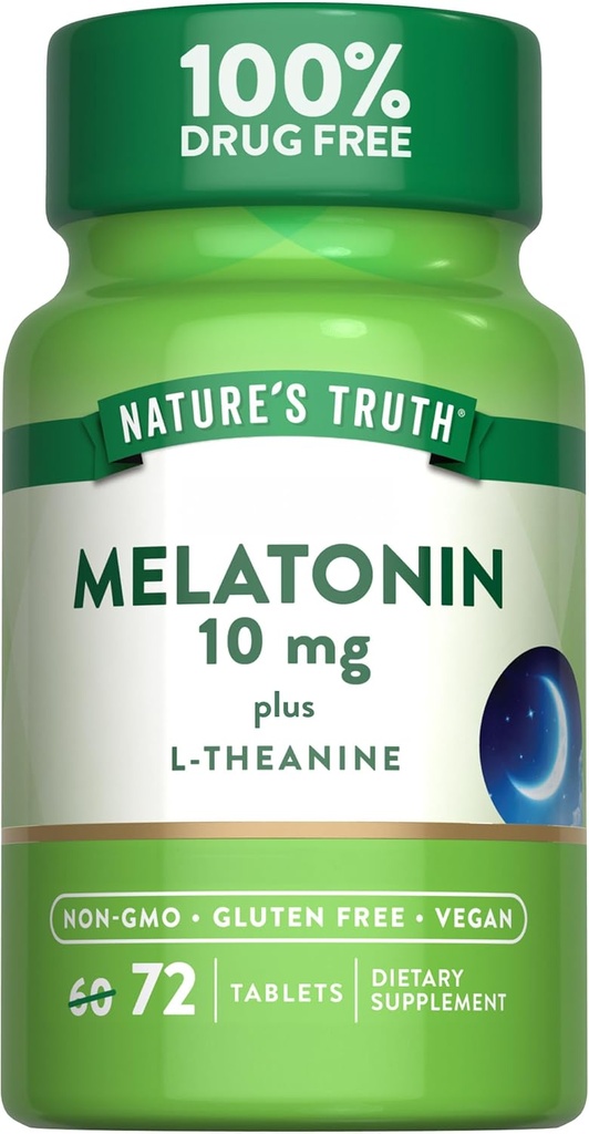 Nature's Truth Melatonin 10 mg + L-Theanine | 72錠 | 最大強度 | 完全菜食主義者、非GMOおよびグルテンフリーサプリメント