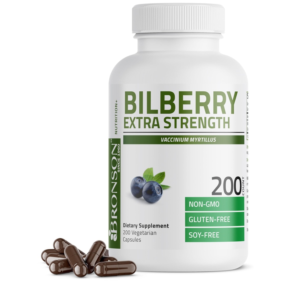 Bronson Bilberry Extra Strength Vaccinium Myrtillusは、眼の健康を促進し、健康なビジョンをサポート - 非GMO、200のベジタリアンカプセル