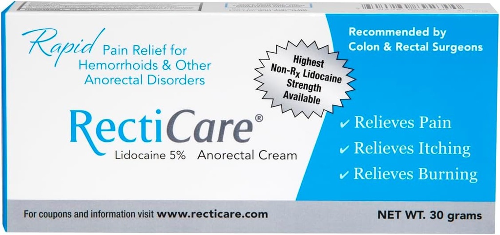 Recticare の Anorectal リドカイン 5% のクリーム: Hemorrhoids の処置のための Topical Numbing のクリーム及び他の Anorectal Disorders - 30g の管