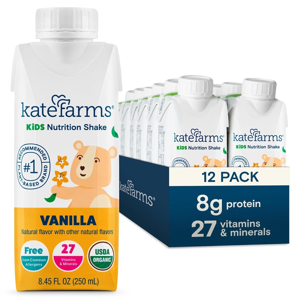 KATE FARMSオーガニックキッズ栄養シェイク、バニラ、タンパク質の8g、27ビタミンとミネラル、食事代替ドリンク、タンパク質シェイク、グルテンフリー、非GMO、8.45 Fl oz(12パック)