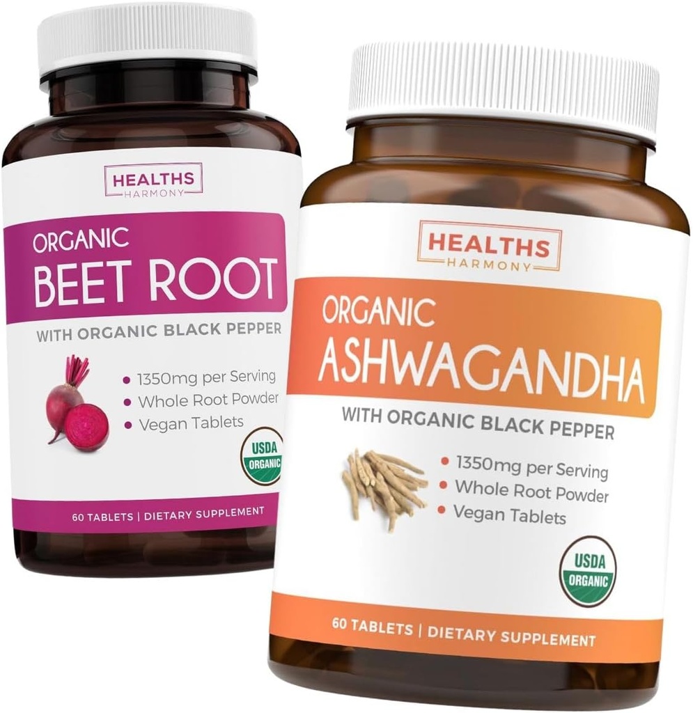 Beet Root & Ashwagandha (1-Month Supply) Vital Energy Blend - Organic Beet Root with Black Pepper for Absorption 1250mg (60 Tablets) & Organic Ashwagandha with Black Pepper 1350mg Per serve (60 Caps)