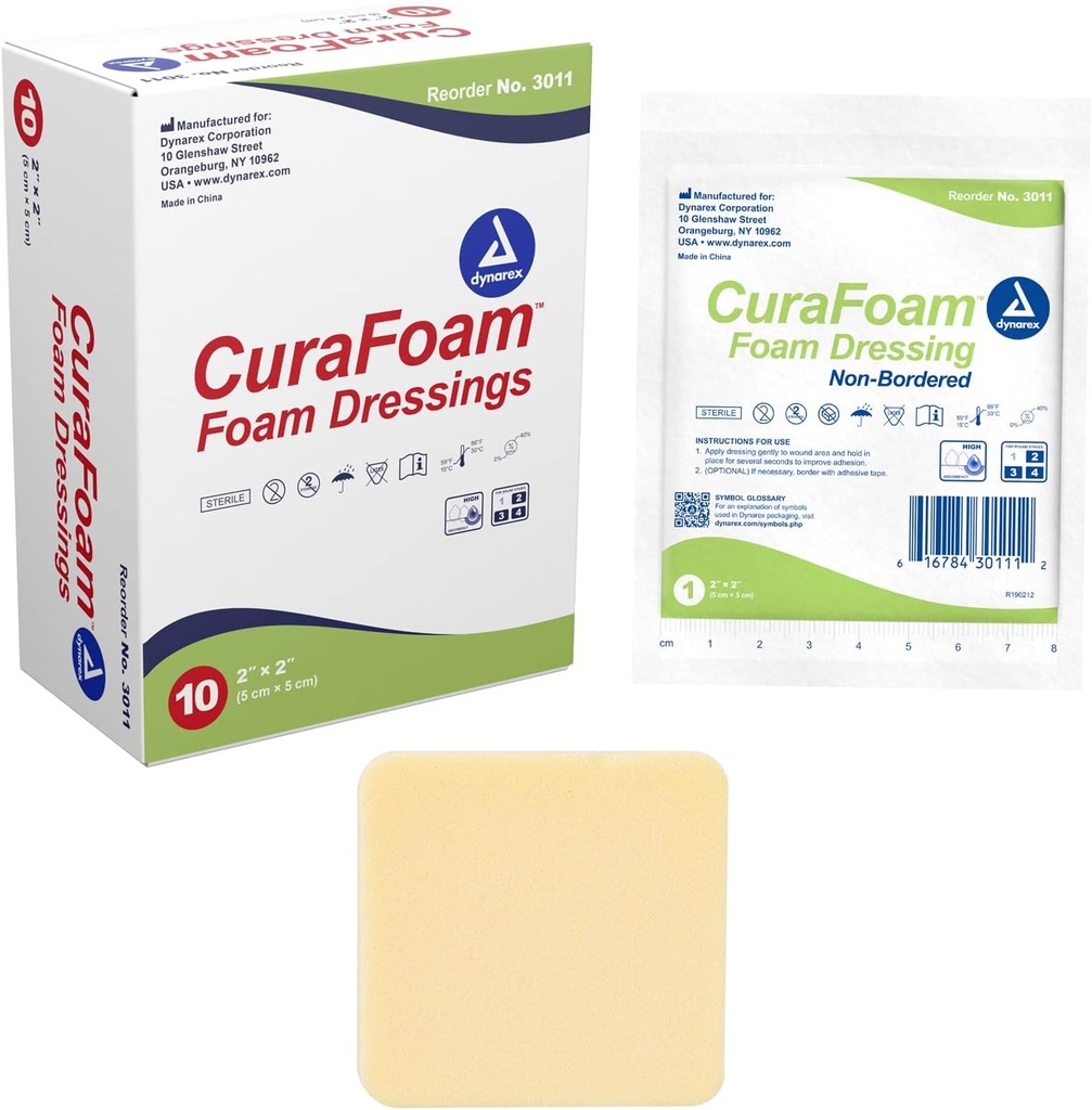 Dynarex 3011 CuraFoam フォーム ドレッシング、ノンボーダー、滅菌、クッション、モイスト ワンド ケア、2" x 2"、10 のパック