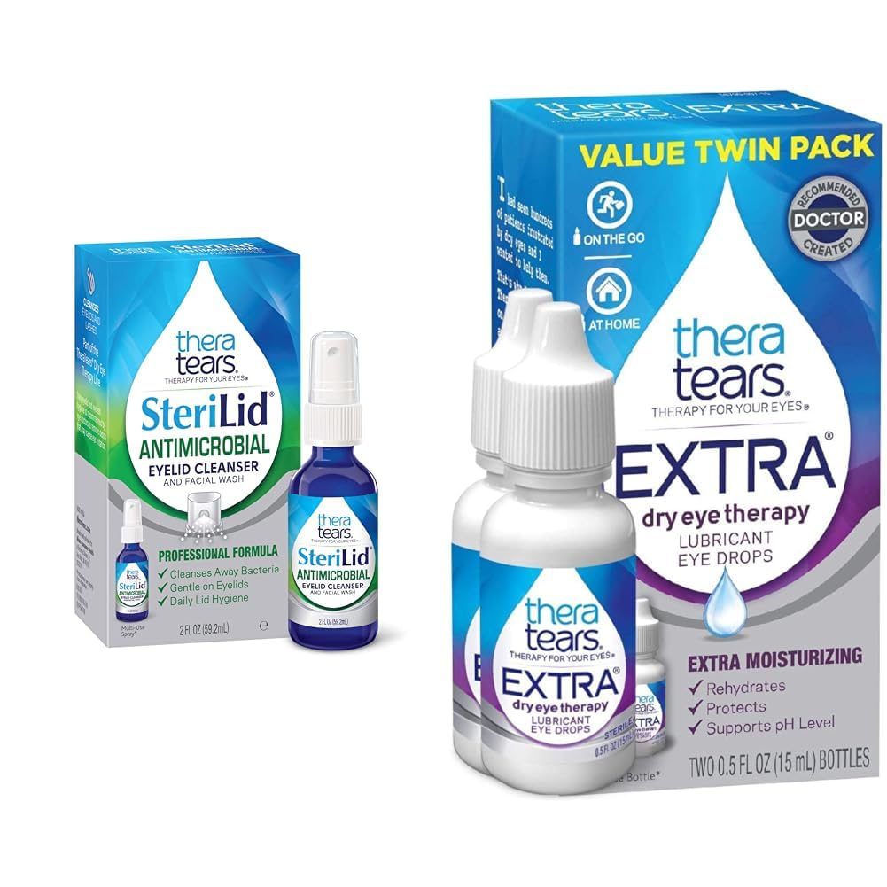 TheraTears Extra Dry Eye Therapy Lubricating Eye Drops for Dry Eyes, 0.5 fl oz Bottle, 2 Count & SteriLid Eyelid Cleanser and Face Wash, 刺激された目, 2 fl oz Spray