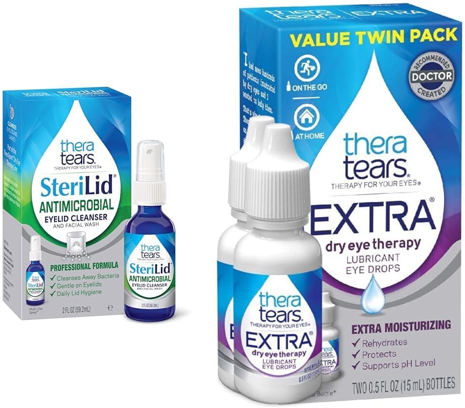 TheraTears Extra Dry Eye Therapy Lubricating Eye Drops for Dry Eyes, 0.5 fl oz Bottle, 2 Count & SteriLid Eyelid Cleanser and Face Wash, 刺激された目, 2 fl oz Spray