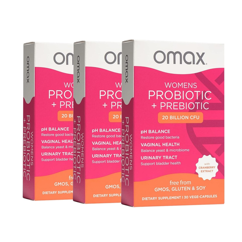 Omax3 女性プロバイオティック + プレバイオティック, クランベリー & シックロート, 20 億 CFU, 6 臨床的に実証済みの株, 腟 pH, UTI, ブロッキング, (パッケージ化 5 月 Vary) | 90 ベジーカプセル (3 ボックス)
