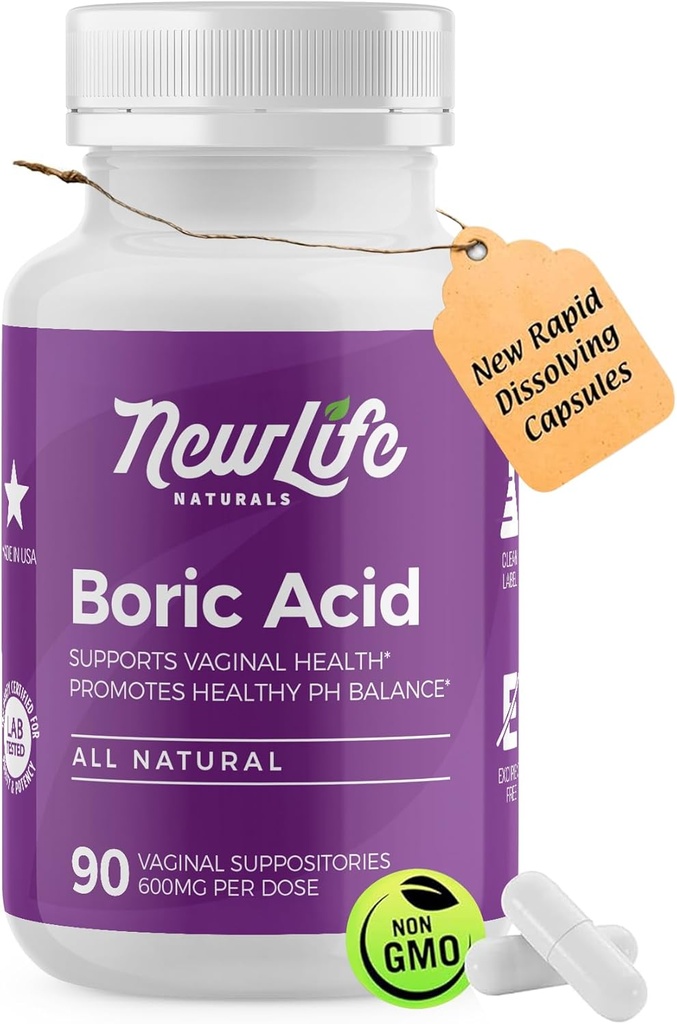 NewLife Naturals - Medical Grade Boric Acid Vaginal Suppositories - 600mg - 100% Pure Womens pH Balance Pills - Yeast Infection, BV - 90 Capsules: Made in USA