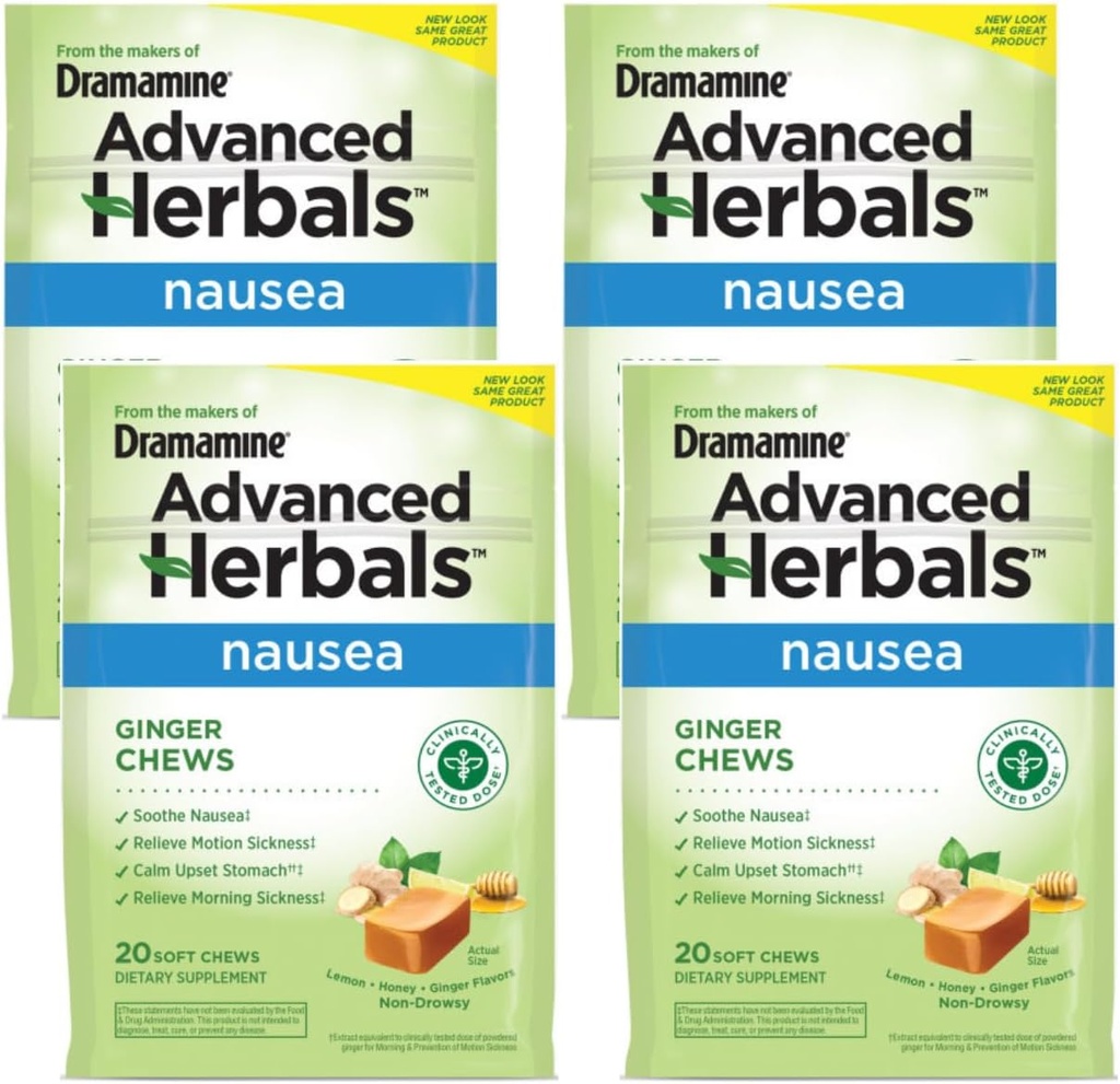 Dramamine Ginger Chews, Helps with Nausea, Lemon Honey Ginger Flavor, 20 Soft Chews (Pack of 4)