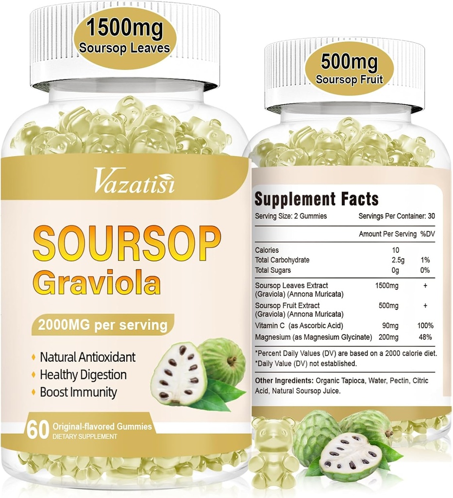 2つのパックのSoursop Graviola Gummeisの有機性Soursopの葉および細胞サポート及び再生のためのフルーツのエキス、Immeのブースト、消化器援助、砂糖の自由な/Vegan、元の味