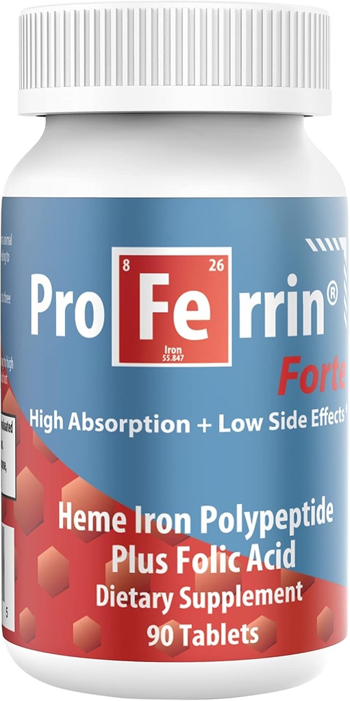 Proferrin Forte-12mg of high Absorbing Heme Iron Polypeptide. Easy on The Gut. 90 Tablets. 1mg of Folic Acid to aid in red Blood Cell Production. Not affected by Coffee, Calcium, or PPI's.