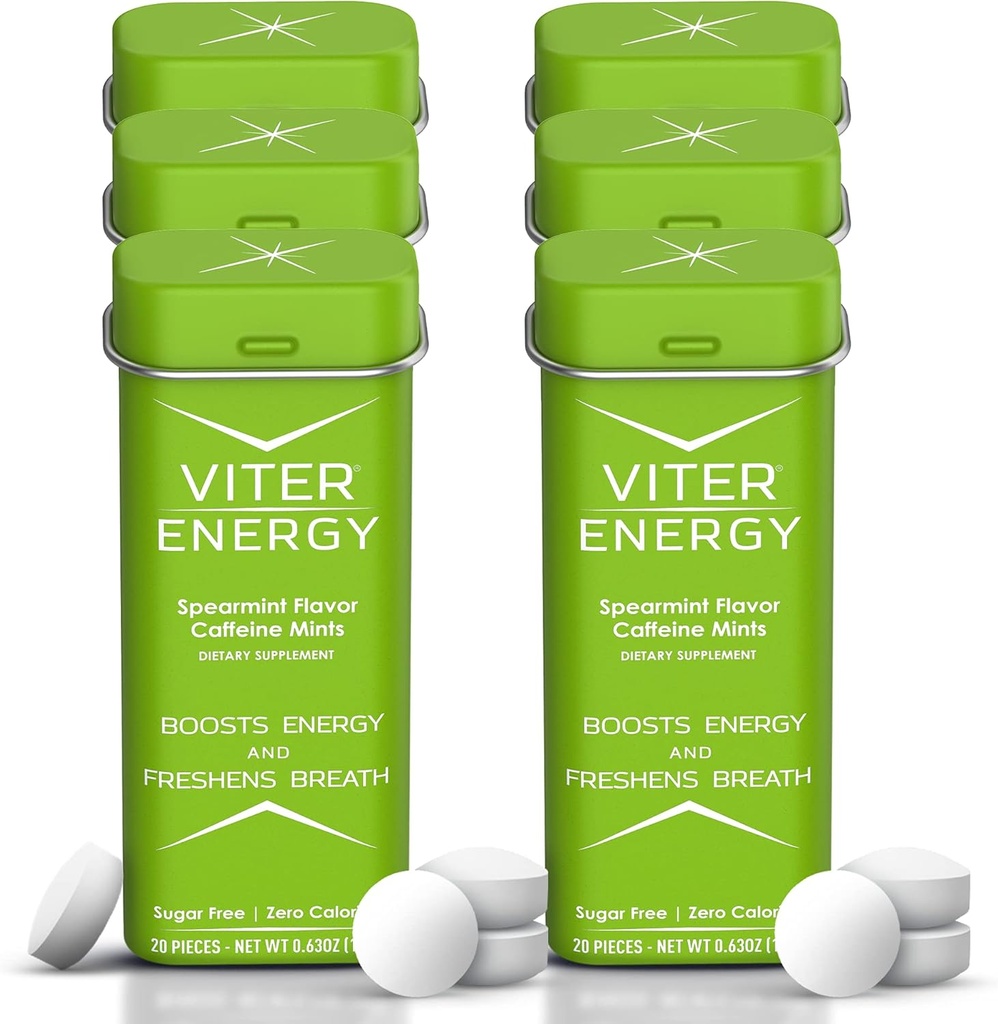 Viter Energy 40mg Caffeine Mints - Sugar Free, B Vitamins, Vegan, Boosts Fast Energized Alert Focus, Caffeinated Nootropic Supplement Pills (Spearmint Flavor, 20pcs, 6 Pack, 120pcs Total)
