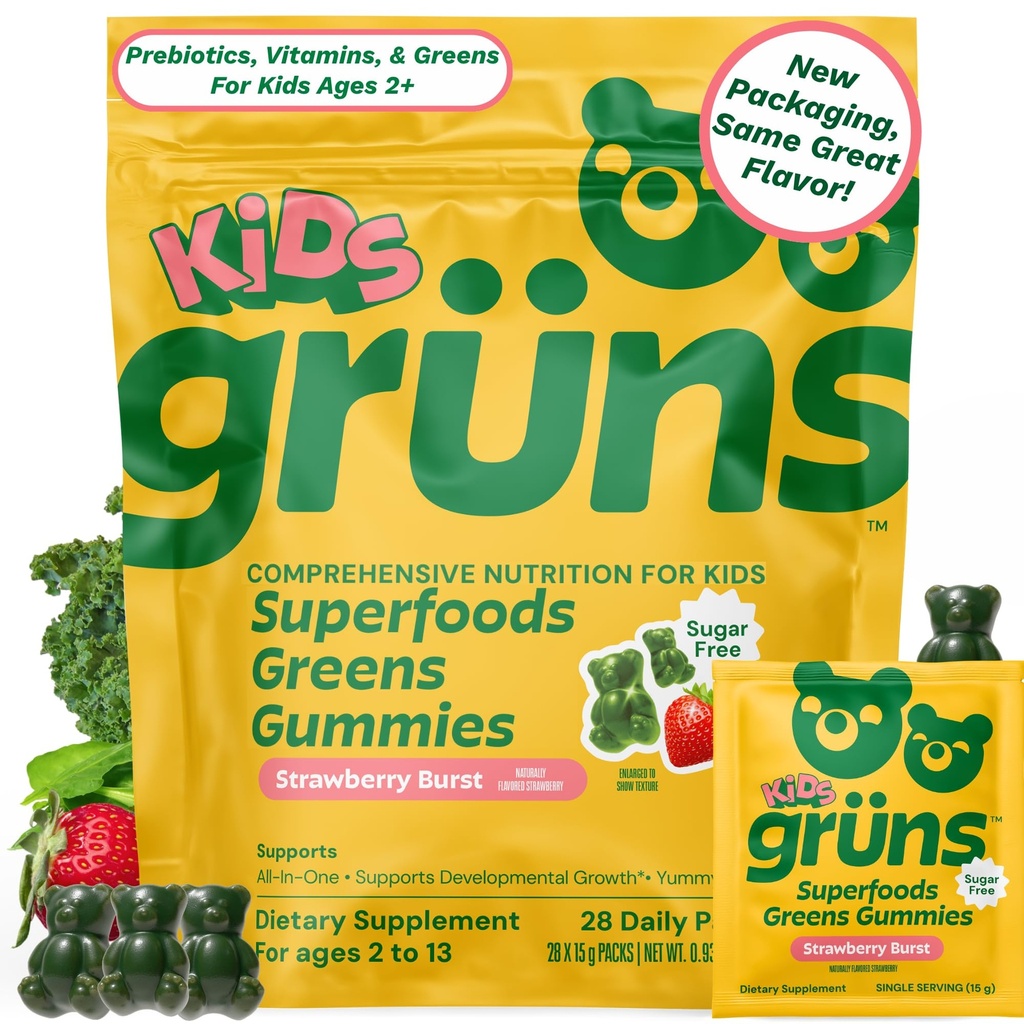 Gruns 子供のためのマルチビタミン, スーパーグリーングミ, スーパーフードグミイラベア 20 + ビタミン & ミネラル, スピルリナ, クロレラ, 消化の健康のためのプレバイオティクス繊維, 適応物質サプリメント, 28 日の供給