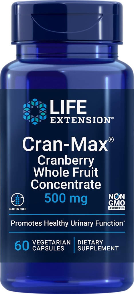 ライフエクステンションクランマックス®、500mg、クランベリー全果実濃縮、強力な抗酸化剤、グルテンフリー、ベジタリアン、非GMO、60カプセルで尿路の健康を促進