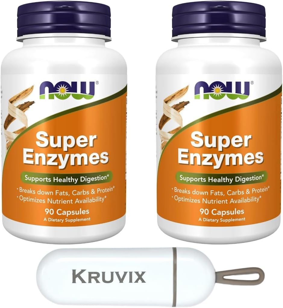 NOW Foods Supplements, Super Enzymes | Formulated with Bromelain, Ox Bile, Pancreatin and Papain, Super Enzymes | 90 Capsules - Pack of 2 with Pill Organizer