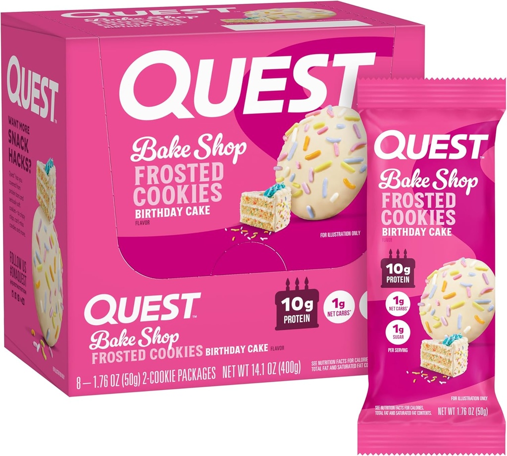 Quest Nutrition Frosted Cookie Twin Pack, バースデーケーキ, 1g Sugar, 10g Protein, 2g Net Carbs, Gluten Free, 8Count(パッケージ1)