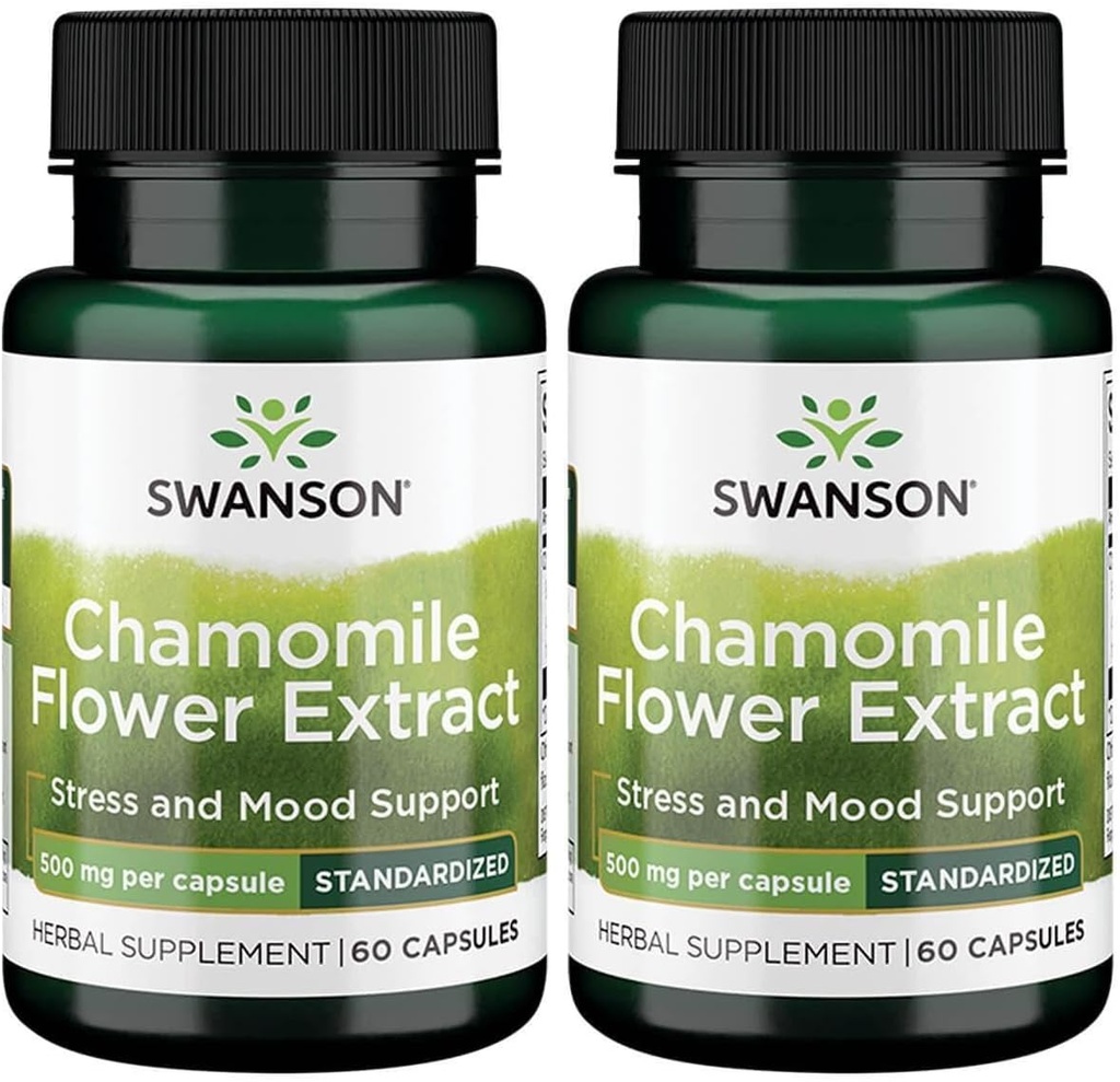 Swanson Chamomileの花のエキス500のミリグラムはカプセル60のカプセルごとの1.2% Apigenin 6 mgに標準化しました(2パック)